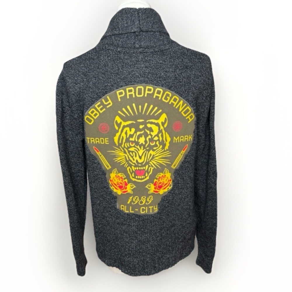 Vintage Upcycled "Obey Propaganda 1989 all city" Grey Shawl Cardigan, Size S.